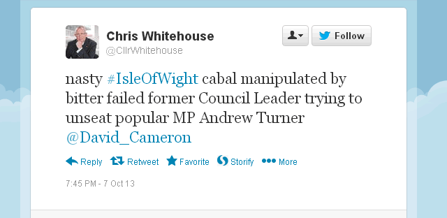 Chris Whitehouse Tweet on IW #cabal to David Cameron