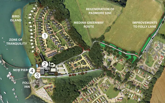 Folly Reach aerial view with proposed development items marked