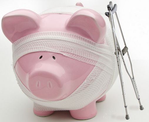 Piggy bank and crutches: