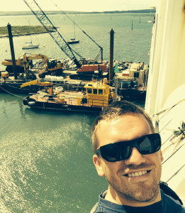 Selfie by Ben Matthews on Wight Sun ferry by barge with crane