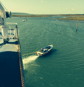 Wight Sun ferry being towned by Lymington harbour master by Ben Matthews