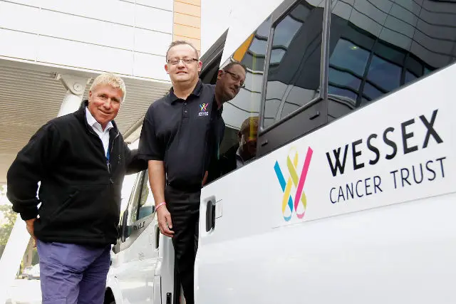 Chris Mellett, Wessex Cancer Trust Portsmouth bus driver with Brian Baggott, patient co-ordinator, Wessex Cancer Trust Isle of Wight Cancer Support Centre.