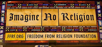 Imagine no religion stained glass window:
