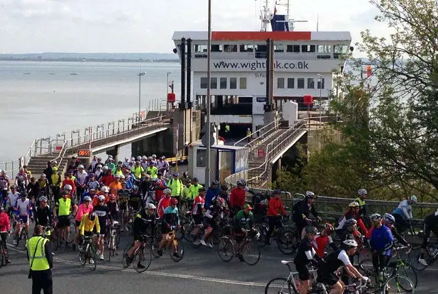 Randonee cyclists leaving ferry