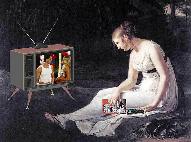 neoclassical woman watching tv