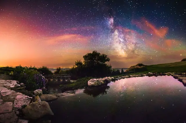 Milky Way reflections on pond: