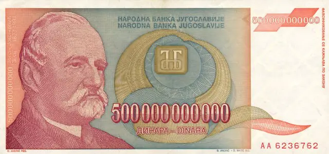 500,000,000,000 Yugoslav dinar banknote, featuring image of Jovan Jovanovic Zmaj