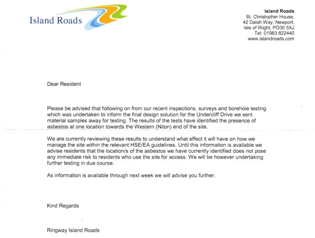 Letter from Island Roads about asbestos discovery