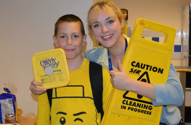 Ben Scollick age 11 with Polly Palmer, languages teacher - both Yellow House