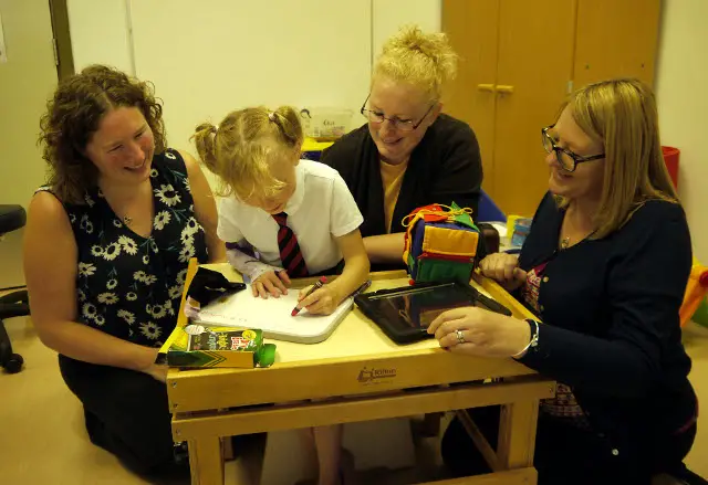 Eight year old Bailey-Ann makes good use of some items bought by the Friends, watched by (left to right) paediatric occupational therapist Amy Duncan, Bailey-Ann’s mother, Lisa Manser, and teaching assistant, Julie Wallace