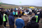 Anti Fracking demonstation, Compton Bay, Isle of Wight, England, 31 Janaury 2016, About 80 people braved the wind and the rain to demonstrate in the car park at Compton Bay, against onshore and offshore fracking operations. That hydraulic fracturing is planned for the Island has been confirmed by Solo Oil in a recent press statement. Compton Bay is National Trust land and part of an area of outstanding natural beauty. It is also part of the Jurassic Coastline famed for fossils.