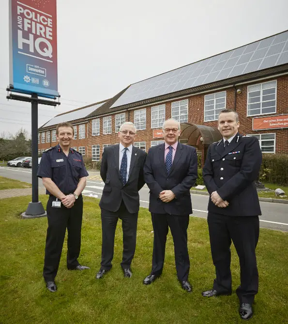 L-R Chief Fire Officer Dave Curry, Cllr Chris Carter, Police and Crime Commissioner Simon Hayes, and Acting Chief Constable Graham McNulty