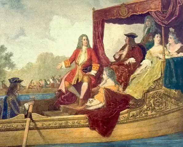 George Frideric Handel and King George I on the River Thames, 17 July 1717, by Edouard Hamman - Public Domain