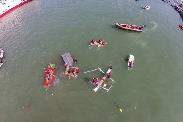 Aerial view of the Cowes cardboard Boat Race 2016 by Richard Manser