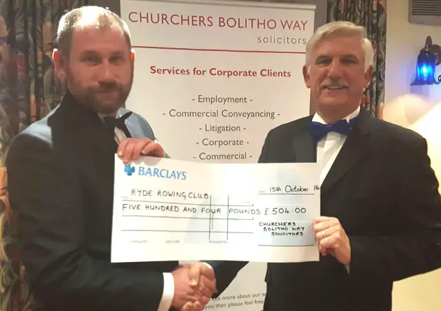 Cheque Presentation for Ryde R. C. Minibus Fund. Ian Hill from Solicitors Churchers Bolitho Way with Club Captain Pete Allsopp