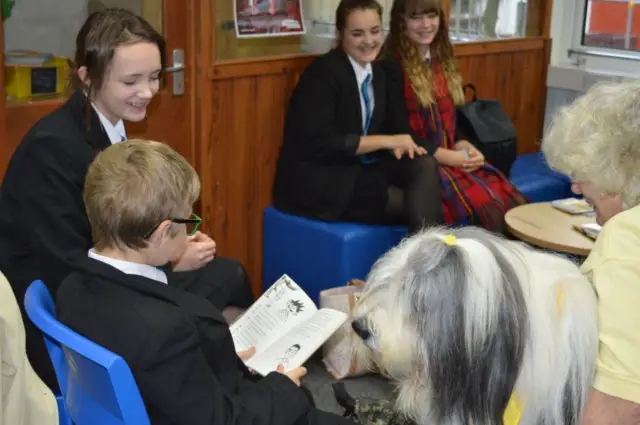 Kai reading to Toby with Evie, Yazmin and Bethany looking on