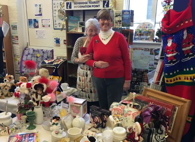 A break from bric a brac sales for stall holder and library chief fundraiser Liz Mitchell (left) and fellow volunteer Ann Worwood.