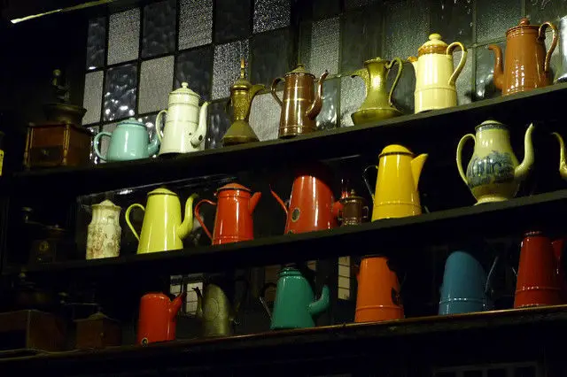 shelves of teapots