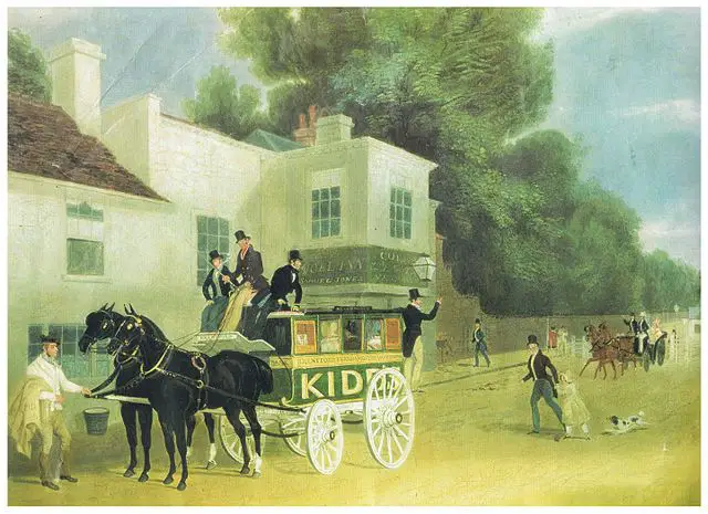 Kidd's_Omnibus_outside_the_Angel_Inn,_Brentford,_c._1840,_by_James_Pollard Public Domain