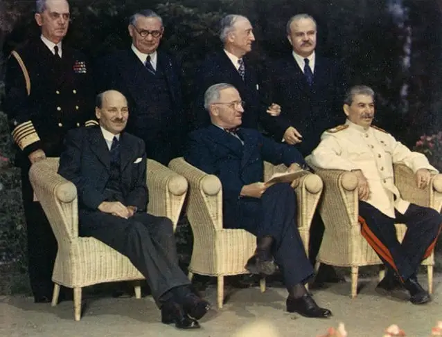 Clement_Attlee 
 Harry S. Truman, Joseph Stalin and their principal advisors 1945
