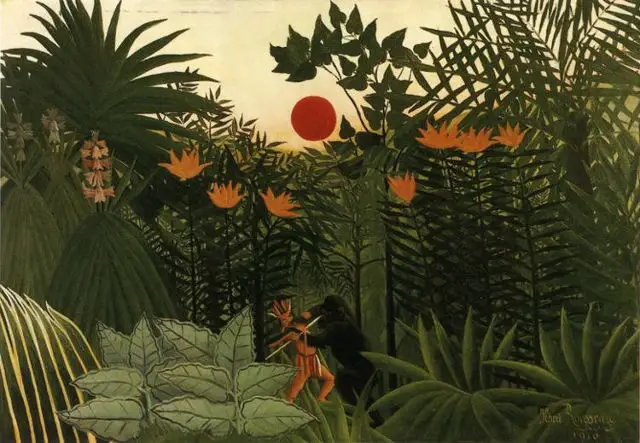 Henri Rousseau's painting  - Tropical Landscape- American Indian Struggling with a Gorilla