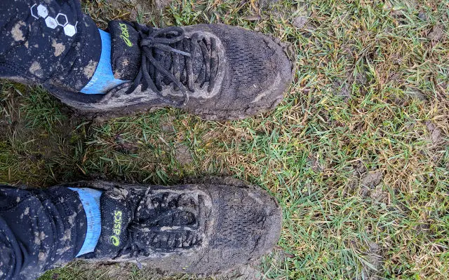 Glen Jones' muddy shoes after completing his first marathon of 2019