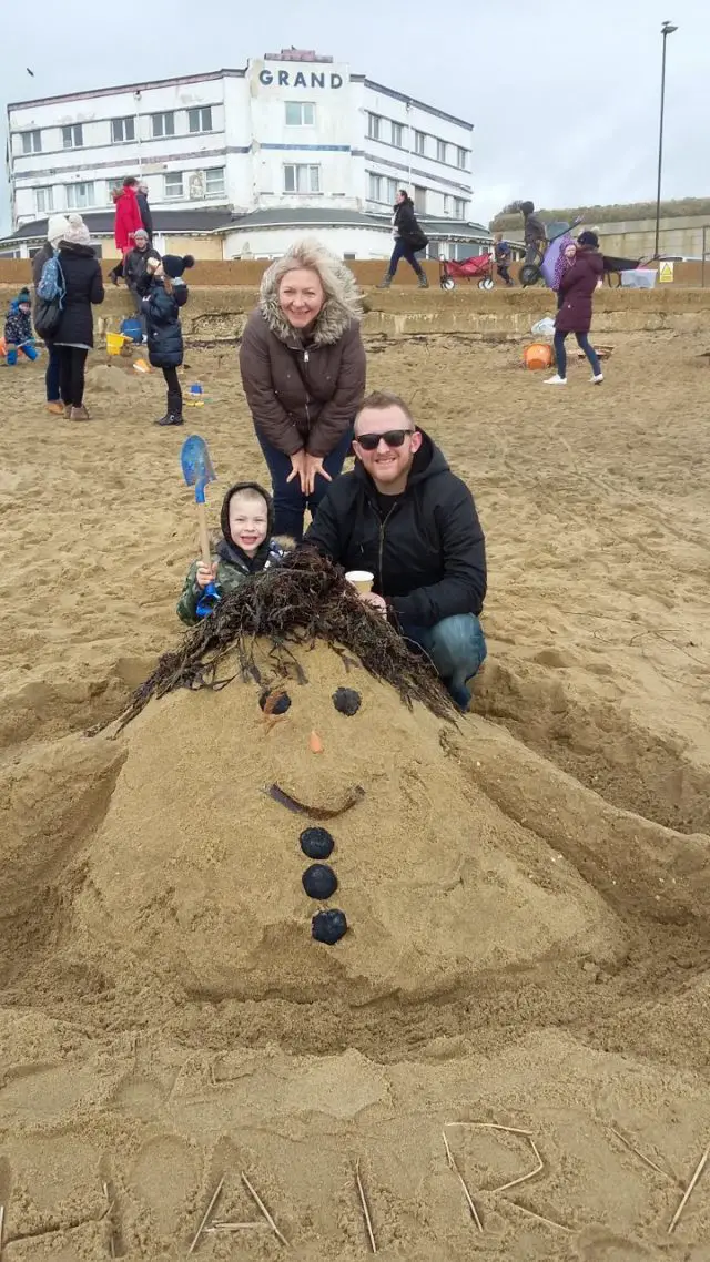 The Common Space making the most of winter beaches with Sandman Snowman on the Science Beach in Sandown Bay Pics by The Common Space