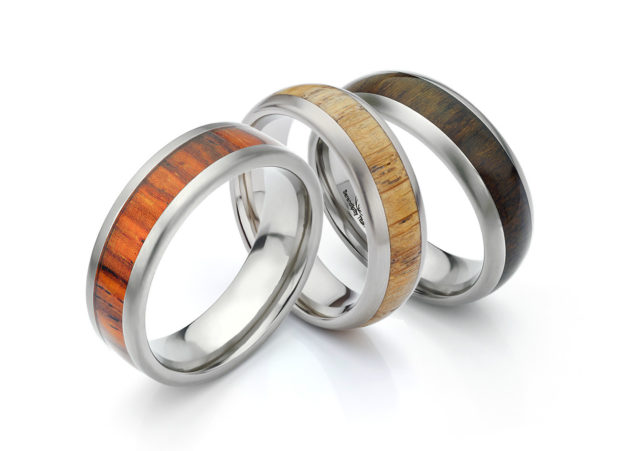 Wood inlaid wedding bands from Serendipity Diamonds