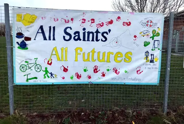 'all saints, all futures' banner