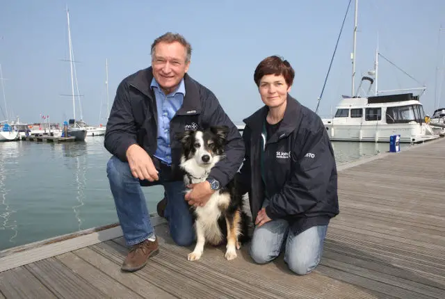 Adventurer Sir David Hempleman-Adams joins world record-breaking solo yachtswoman Dame Ellen MacArthur and her sheepdog Norman at Cowes for some expert sailing advice as he prepares for his solo Atlantic crossing in support of St John Ambulance. #discoverSJA Picture date: Sunday April 7, 2019. Photograph: Johnny Green
