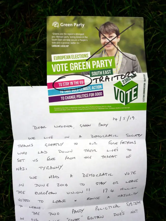 The letter and leaflet, calling Green party traitors for wanting to stay in the EU