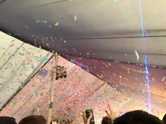 Confetti falling in the Kashmir Tent at Isle of Wight festival