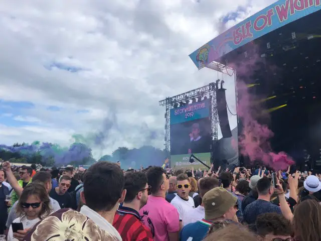 Pink smoke from the main stage at Isle of Wight festival