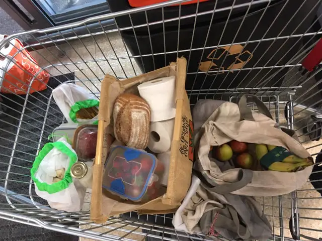 Trolley with produce stored in reusable bags