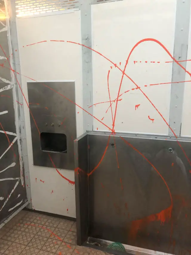 Vandalism of toilets in Newport - with paint splattered over walls