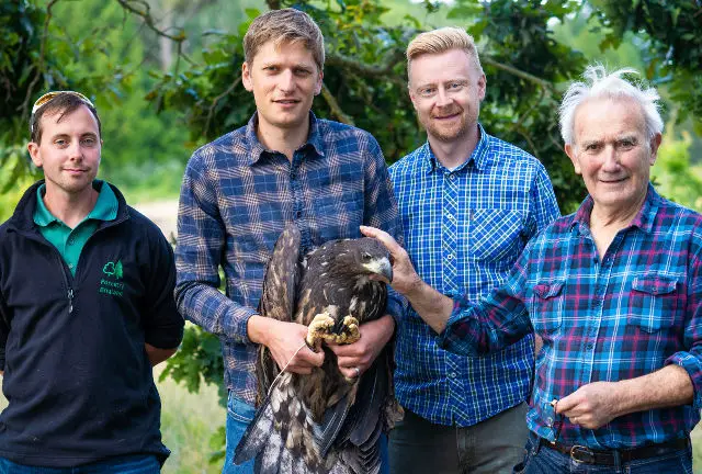 Thorness - White-tailed Eagle’s being tagged in preparation for release on Wednesday morning. From left, Steve Eggerton-Read with Tim Mackrill, Ian Perks and Roy Dennis.