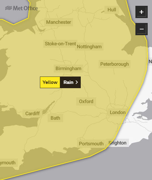Weather warning map showing areas affected