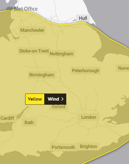 Weather warning map showing areas affected