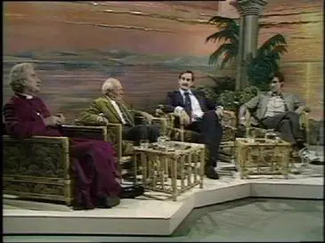(from left to right) Mervyn Stockwood (The Bishop of Southwark), Malcolm Muggeridge, John Cleese and Michael Palin on Friday Night, Saturday Morning. Stockwood is telling Cleese and Palin "you'll get your thirty pieces of silver".