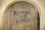 "Romani ite domum" supposed graffiti on a reconstruction of a Roman settlement in Britain, at the Hull and East Riding Museum. A reference to a scene in "LIfe of Brian" by Monty Python.