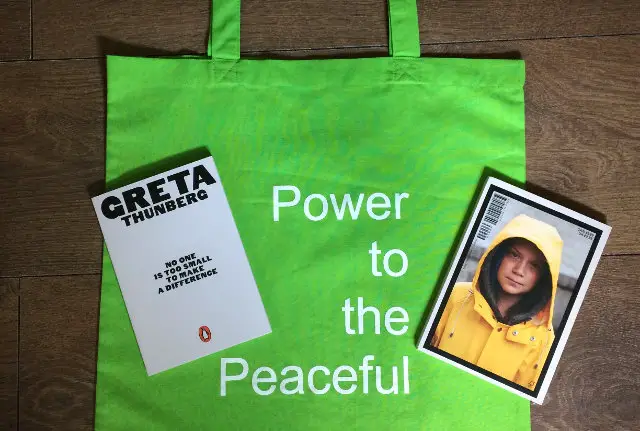 Greta's book, the tote bag and a photo of Greta