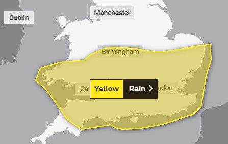 Map of areas covered by the weather warning