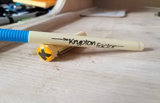 Krypton Factor pen on a desk