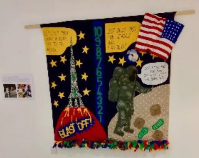 This piece was produced by residents in a series of textile workshops to celebrate the anniversary of the Apollo 11 moon landing at Newport Residential Home (Newport). In creating their design residents were inspired by looking at the work of famous pop artists, press cuttings and music from the era.
