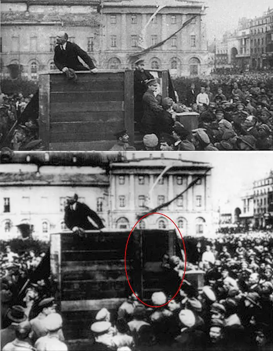 photo of Lenin giving a speech compared with another photo that has been manipulated to remove others from the stage