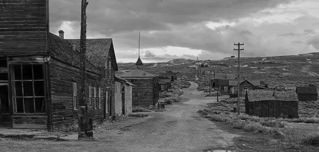 black and white photo of a californian ghast town by purple-bullet