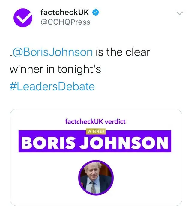 "boris johnson the clear winner tonight" twitter screen grab