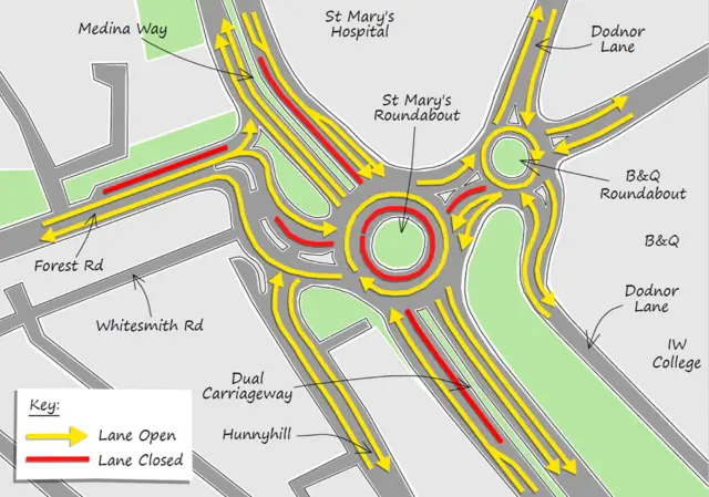 Map of St Mary's Roundabout lane closures