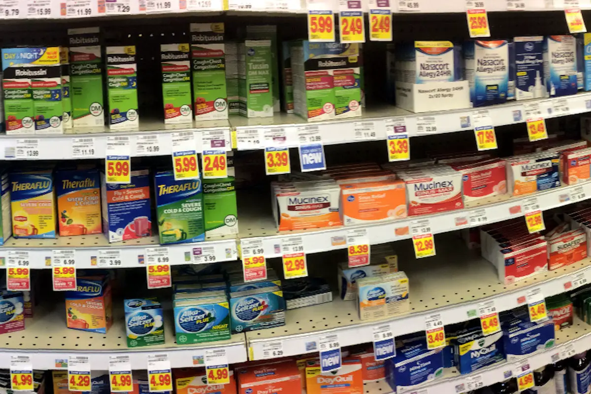 medications on the shelves in the supermarket