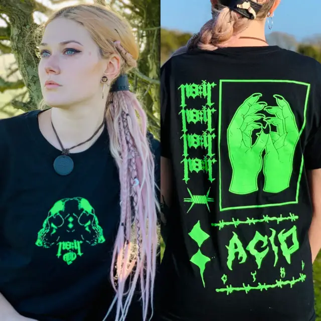 Female model wearing Acid Ctrl t-shirt